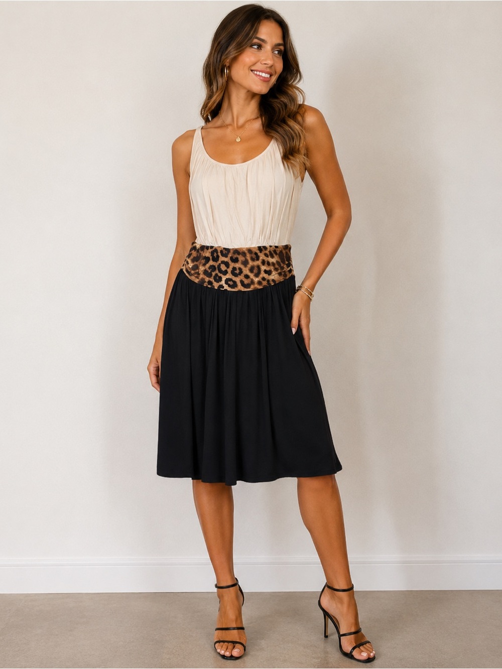 Sz S Express Sleeveless Colorblock Midi Dress with Leopard Waist